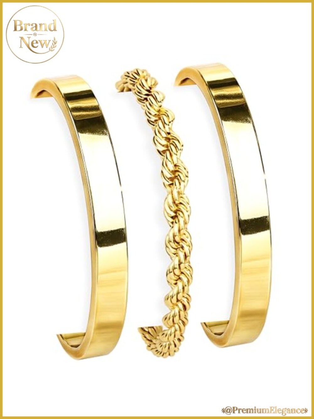 14K Gold Plated Bangle Bracelets Set of 3 Non Tarnish Waterproof Stackable